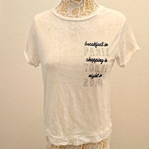 New MANGO White Graphic Tee ' breakfast in PARIS shopping in TOKYO night in ROME